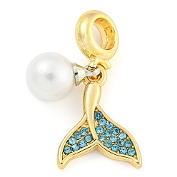 Indicolite Breloques européennes en forme de queue de poisson, en alliage de placage en rack, pavé de strass, Pendentifs grand trou, or, avec abs en plastique imitation perle, sans cadmium et sans nickel et sans plomb, indicolite, 28mm, Trou: 5mm, queue de poisson: 17.5x14x2 mm