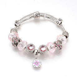 Розовый Европейские браслеты, с тибетском стиле сплава горный хрусталь эмаль бисер, Бусины из cмолы, латунные цепи и цепи безопасности, античное серебро, цветок, светло-розовый, 7-7/8 дюйм (200 мм)