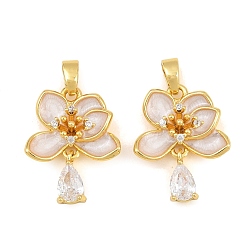 Misty Rose Brass Micro Pave Clear Cubic Zirconia Pendants, with Enamel, Flower with Teardrop Charms, Real 18K Gold Plated, Misty Rose, 19x15x4.5mm, Hole: 5x3mm