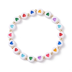 Colorful Heart Pattern Flat Round Acrylic Beads Stretch Bracelet for Kid, Colorful, Inner Diameter: 1-3/4 inch(4.4cm)
