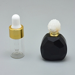 Black Agate Natural Black Agate Openable Perfume Bottle Pendants, with Brass Findings and Glass Essential Oil Bottles, 39~50x26~29x16~21mm, Hole: 1.2mm, Glass Bottle Capacity: 3ml(0.101 fl. oz), Gemstone Capacity: 1ml(0.03 fl. oz)