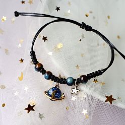 Синий Керамические бусины плетеные браслеты из бисера для женщин, с сплава прелести, планета и звезда, синие, 5-1/2~7-7/8 дюйм (14~20 см)