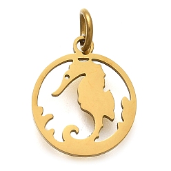 Настоящее золото 18K 304 прелести нержавеющей стали, с целью перехода в кольце, плоский круг с подвеской в виде морского конька, лазерная резка, ионное покрытие (ip), реальный 18 k позолоченный, 14x11.5x1 мм, отверстие : 3 мм