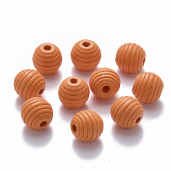 Orange Painted Natural Wood Beehive Beads, Round, Orange, 12x11mm, Hole: 3.5mm