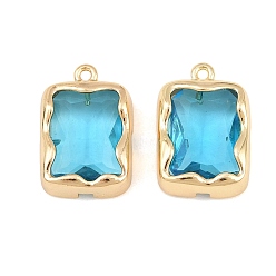 Sky Blue Brass Glass Pendants, Rectangle Charms, Faceted, Golden, Sky Blue, 19x13x5mm, Hole: 1.4mm