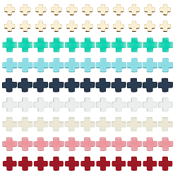 Mixed Color 70Pcs 7 Colors Synthetic Coral Beads, Dyed, Cross, with 20Pcs Golden Tone Cross Brass Beads, Mixed Color, 7.5~8.5x8~9x3~3.5mm, Hole: 1mm, 10pcs/color