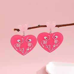 Темно-Розовый Акриловые пуссеты, сердце с черепом, темно-розовыми, 50x40 мм