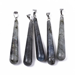 Лабрадорита Натуральный лабрадорита большие подвески, с платиновой железной щепоткой, слеза, 58.5~59.5x10 мм, отверстие : 4x6.5 мм