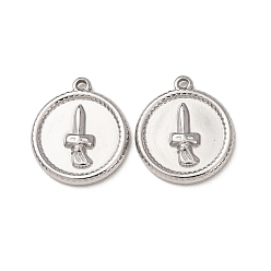 Stainless Steel Color 304 Stainless Steel Pendants, Flat Round with Sword Charms, Stainless Steel Color, 17.5x15.5x2.5mm, Hole: 1.2mm