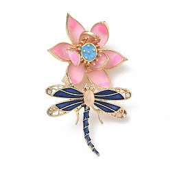 Pink Dragonfly and Lotus Flower Enamel Pins, Alloy Rhinestonoe Lapel Pin Brooches for Clothes, with Cat Eye, Golden, Pink, 50x32mm
