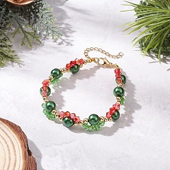 Зеленый Рождественские браслеты из стеклянных и запекаемых бусин с перламутровым покрытием для женщин, зелёные, 7-3/4 дюйм (19.6 см)