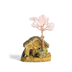 Розовый Кварц Украшения дисплей смолы, энергетический камень рейки фэн-шуй украшение, с натуральным розовым кварцем и медной проволокой, дом, 38x30x55~65 мм