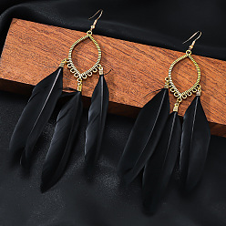 Черный Серьги-подвески из сплава в виде конского глаза с пером., золотые, чёрные, 150x58 мм