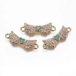 Green Brass Cubic Zirconia Links, with Synthetic Opal, Wing with Heart, Golden, Green, 7x21x2mm, Hole: 1.6mm