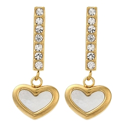Золотой Ионное покрытие (ip) 304 серьги-гвоздики из нержавеющей стали со стразами и натуральными ракушками для женщин, сердце, золотые, 26.5x11 мм