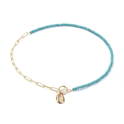Turquoise Pendant Necklaces, with Synthetic Turquoise Beads, Brass Paperclip Chains, 304 Stainless Steel Pendants and Toggle Clasps, Cowrie Shell Shape, Turquoise, 19.6 inch(50cm)