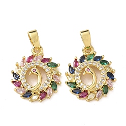 Настоящее золото 18K Латунные микро проложить кубического циркония подвески, плоские круглые с павлином, реальный 18 k позолоченный, 17.5x15x4 мм, отверстие : 4x3 мм