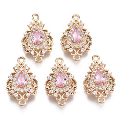 Pink Соединители из латуни с микропаве и кубическим цирконием, со стеклом, долговечный, слеза, золотой свет, розовые, 20x12x5 мм, отверстие : 1.4 мм