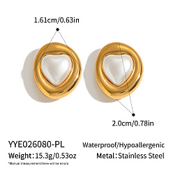 Heart 304 Stainless Steel with Pearl Stud Earrings for Women, Golden, Heart, 20x16.1mm