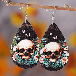 Черный Серьги из искусственной кожи на Хэллоуин, с серьгами из нержавеющей стали и крючком, слеза с черепом, платина, чёрные, 75x35 мм