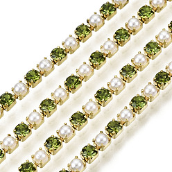 Olivine Brass Rhinestone Strass Chains, with ABS Plastic Imitation Pearl, Rhinestone Cup Chain, Grade A, Raw(Unplated), Olivine, 2x2mm, 4000pcs rhinestone/bundle, about 32.8 Feet(10m)/bundle