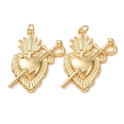 Real 18K Gold Plated Brass Pendants, Sacred Heart with Sword Charms, Rack Plating, Long-Lasting Plated, Lead Free & Cadmium Free, Real 18K Gold Plated, 31x27x4mm, Hole: 3mm
