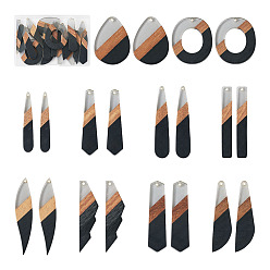 Черный 20шт 10 стили подвески из смолы и орехового дерева, пончик, капля и прямоугольник, разнообразные, чёрные, 35.5~53x7~32.5x3~3.5 мм, отверстие : 1.4~2 мм, 2 шт / стиль