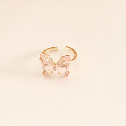 Розовый Бабочка латунные стеклянные манжеты кольца, золотые, туманная роза, внутренний диаметр: регулируемый