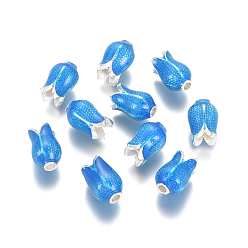 Серебро Бисера эмали сплава, цветок, Плут синий, серебряный цвет гальваническим, 11x7 мм, отверстия: 1.8 mm, Внутренний диаметр: 3.5 mm