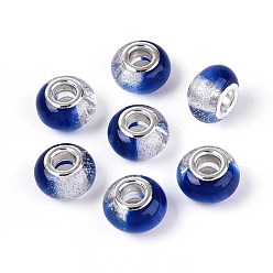 Средно-синий Прозрачные европейские бусины-рондель из смолы, с блестящей пудрой и латунными сердечниками платинового тона, бусины с большим отверстием, светло-синий, 14x9 мм, отверстие : 5 мм