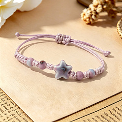 Ciruela Pulseras ajustables hechas a mano con cuentas de poliéster y estrella de porcelana trenzada., ciruela, 2.36~9.84 pulgada (6~25 cm)