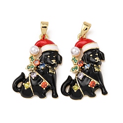 Настоящее золото 18K Латунные микро проложить кубического циркония подвески, собака прелести, с эмалевыми и пластиковыми бусинами, имитирующими жемчуг, стойки покрытие, долговечный, без свинца и без кадмия, реальный 18 k позолоченный, 25x18x6 мм, отверстие : 5x3 мм