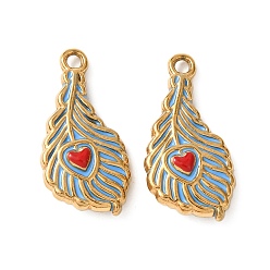 Темно-Голубой 304 нержавеющей стальной эмали подвески, прелести из перьев, ионное покрытие (ip), реальный 18 k позолоченный, глубокое синее небо, 19x9x4 мм, отверстие : 1.4 мм