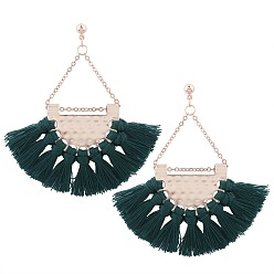 Dark Green Thread Tassel Earrings, Alloy Chandelier Earrings, with Brass Pins, Golden, Dark Green, 65x60mm