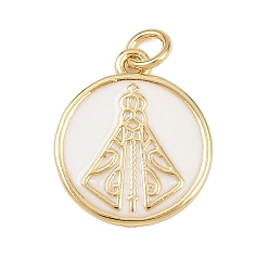 Белый Латунь эмаль подвески, с целью перехода в кольце, плоский круглый с подвесками nossa senhora aparecida, без свинца и без кадмия, долговечный, реальный 18 k позолоченный, стойки покрытие, белые, 16.5x14x1.5 мм, отверстие : 2.5 мм