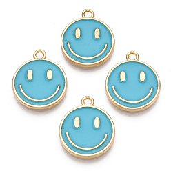 Deep Sky Blue Light Gold Tone Alloy Enamel Pendants, Flat Round with Smiling Face Charms, Deep Sky Blue, 19x16x1.5mm, Hole: 1.8mm