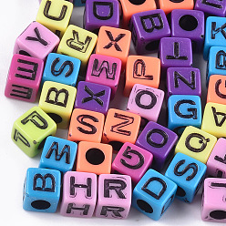 Mixed Color Craft Style Acrylic Beads, Horizontal Hole, Cube with Letter, Mixed Color, 7x7x7mm, Hole: 3.5~4mm, about 1950pcs/500g