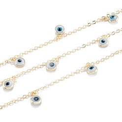 Light Gold Handmade Brass Beaded Chains, With Glass Evil Eye Charms, Long-Lasting Plated, Soldered, with Spool, Light Gold, link: 2.5x2x0.4mm, eye: 10x7x3mm, 32.8 Feet(10m)/roll