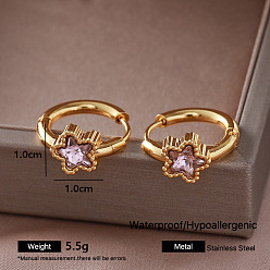 Estrella 304 pendientes de aro de acero inoxidable para mujer, con vidrio, dorado, estrella, 10x10 mm