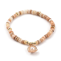Antique White Stretch Charm Bracelets, with Brass Beads, Natural Shell Heishi Beads and Alloy Charms, ABS Plastic Imitation Pearl, Shell Shape, Golden, Antique White, Inner Diameter: 5.5cm(2-1/8 inch)