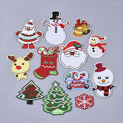 Mixed Color Christmas Theme, Computerized Embroidery Cloth Iron On/Sew On Patches, Appliques, Father Christmas & Bell & Milu Deer & Christmas Stocking & Snowman & Christmas Trees & Car & Snowflake, Mixed Color, 35~79.5x41~66x1.5mm, 120pcs/bag
