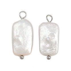 Нержавеющая Сталь Цвет Подвески из натурального пресноводного жемчуга Кеши, прямоугольник амулеты, с 304 петлями из нержавеющей стали, белые, цвет нержавеющей стали, 22.5~23.5x9~11.5x4~6.5 мм, отверстие : 2~3 мм