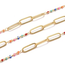 Colorful Golden Plated Handmade Enamel Beaded Chains, Brass Paperclip Chains, Long-Lasting Plated, Soldered, with Spool, Colorful, Link: 15x5x0.7mm and 5x1.7x2mm, about 32.8 Feet(10m)/roll