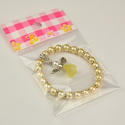 Champagne Yellow Lovely Wedding Dress Angel Bracelets for Kids, Carnival Stretch Bracelets, with Glass Pearl Beads and Tibetan Style Beads, Champagne Yellow, 45mm