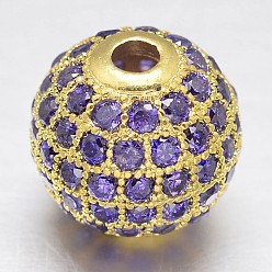 Золотой CZ латунные микро проложить кубического циркония круглых бусин, золотые, 10 мм, отверстие : 2 мм