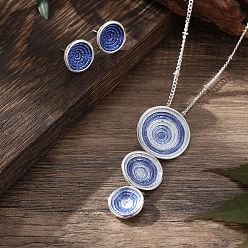 Королевский синий Комплекты из плоских круглых эмалевых подвесок и серег-гвоздиков из сплава, серебряные, королевский синий, 420 мм