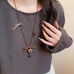Star Coffee Bean & Wood Star Pendant Adjustable Imitation Leather Cord Long Necklaces for Women, Star, 27.56 inch(70cm), Pendant: 40mm