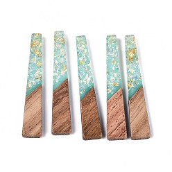 Средний Бирюзовый Подвески из непрозрачной смолы и орехового дерева, трапециевидные подвески, с блестящей пудрой и золотой фольгой, средне бирюзовый, 44.5x8x3~3.5 мм, отверстие : 2 мм