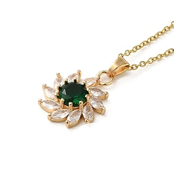 Dark Green Brass Micro Pave Cubic Zirconia Flower Pendant Necklaces for Women, 201 Stainless Steel Cable Chain Necklaces, Dark Green, 15.94 inch(40.5cm)