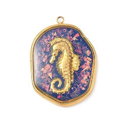 Фиолетовый 304 подвески из нержавеющей стали, эпоксидной смолы, с натуральными ракушками и пайетками внутри, овал с подвесками в виде морского конька, реальный 18 k позолоченный, вакуумное покрытие pvd, фиолетовые, 28x20x3.5 мм, отверстие : 1.6 мм